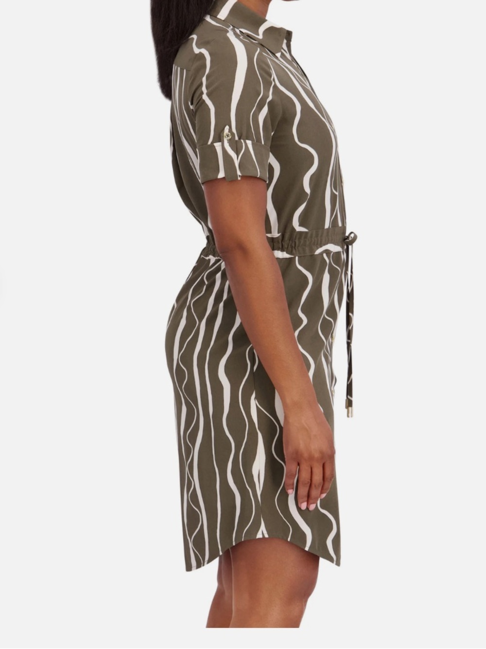 Halston Heritage Olive and Cream Wave-Print Midi Shirt Dress Size L - Picture 3 of 10